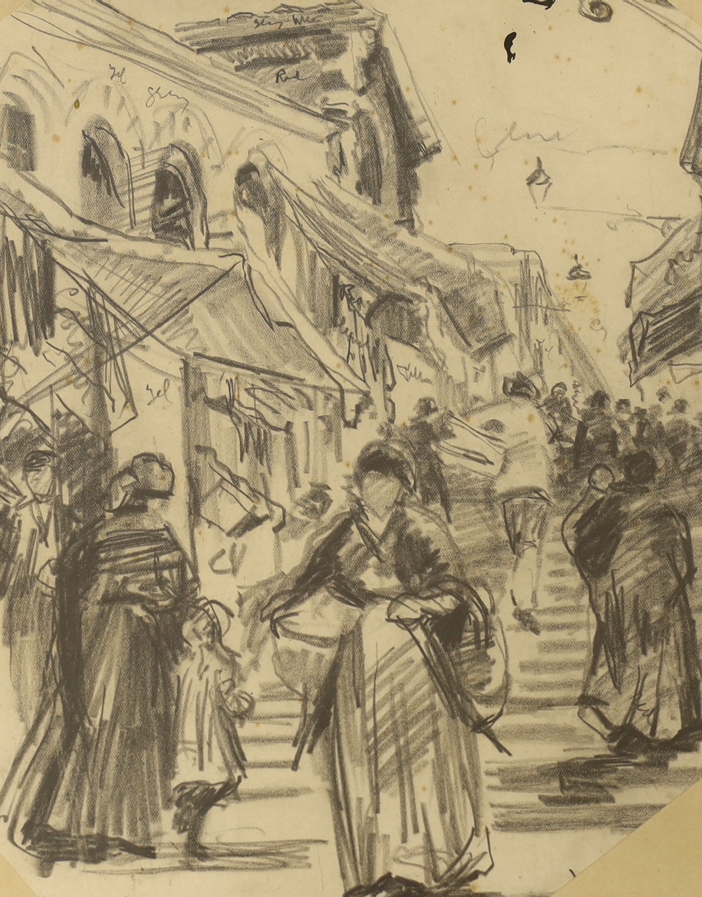Joseph Crawhall (1861-1913), pencil drawing, Italian street scene with figures on steps, 27 x 22cm